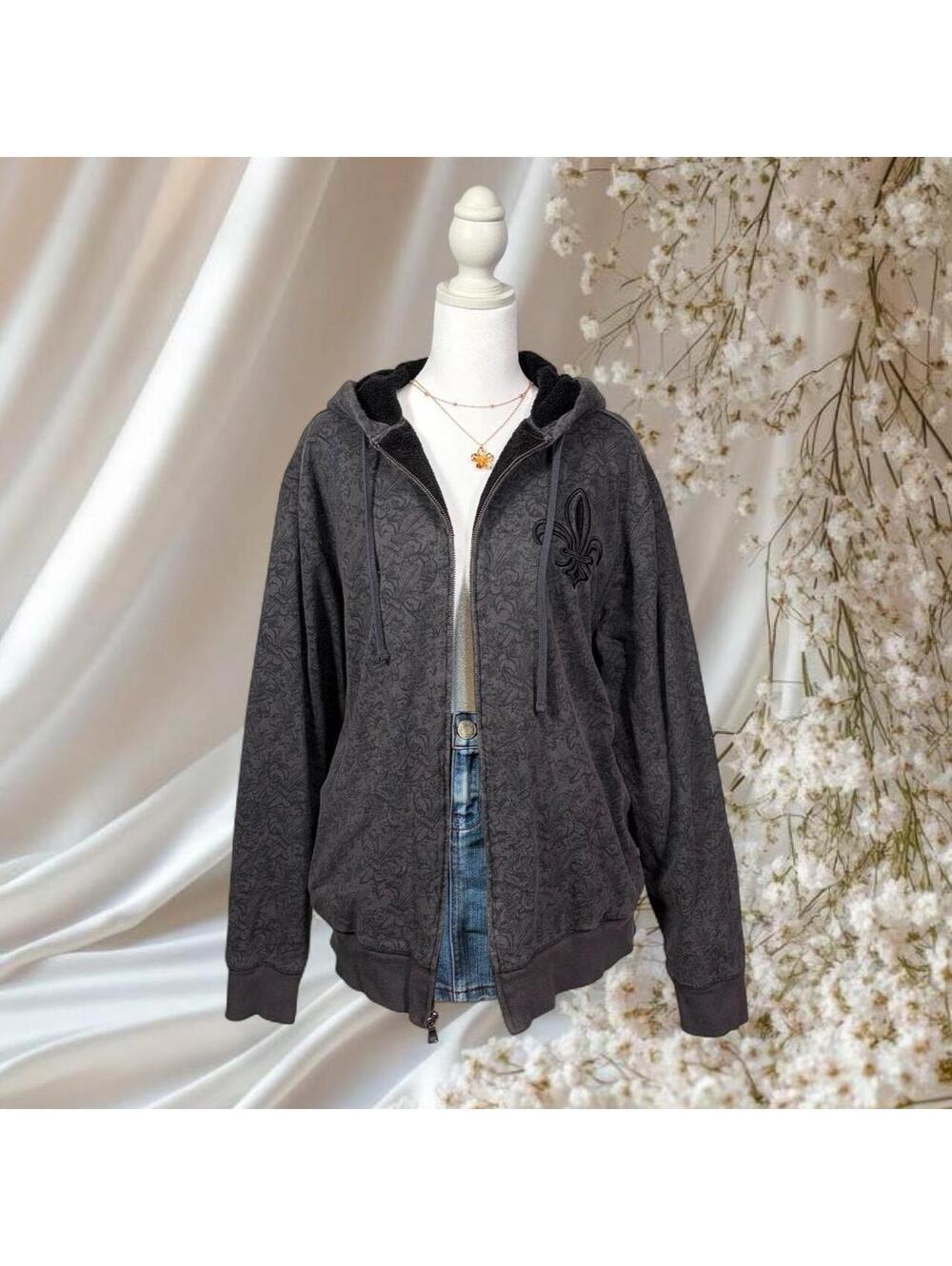 APT.9 Y2K FLEUR DE LIS ZIP UP HOODIE JACKET CHARCOAL